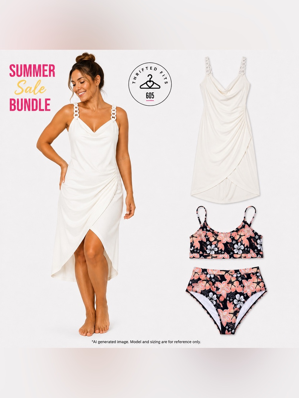 Summer sale bundle! Siena Studio White Midi Dress w Navy & Peach Floral Bikini S